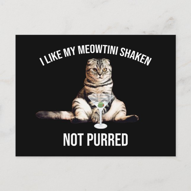 Carte Postale J'Aime Mon Meowtini Shaken Pas Puré Martini Cat (Devant)