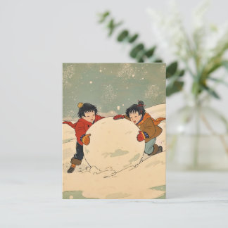 Carte Postale Japanese children rolling big snow ball
