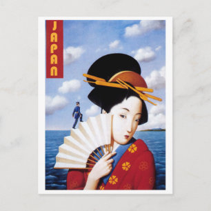 Carte Postale Japon, geisha japonaise et l'officier