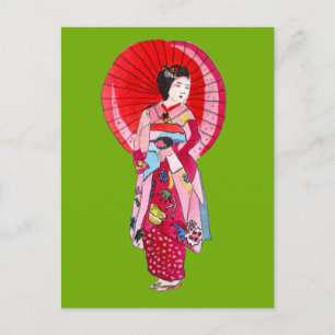 Carte Postale Japonais Geisha rouge kimono art mignon