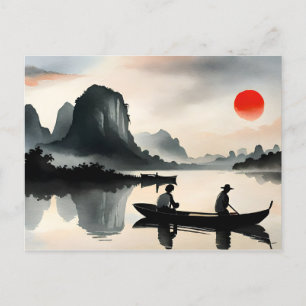 Carte Postale Japonais naviguant Bateau Soirée Rivière Paysage