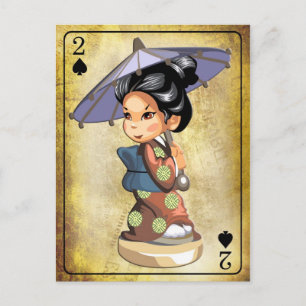 Carte Postale Japonaise à kimono tenant un parapluie