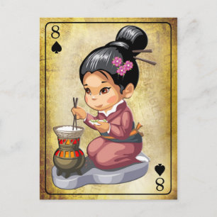 Carte Postale Japonaise en kimono cuisine riz