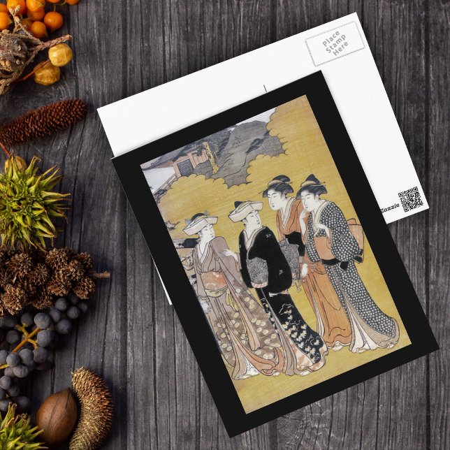 Carte postale japonaise Geisha Ladies (Group vintage Japanese Geisha women traditional clothing on tan with black border postcard.)