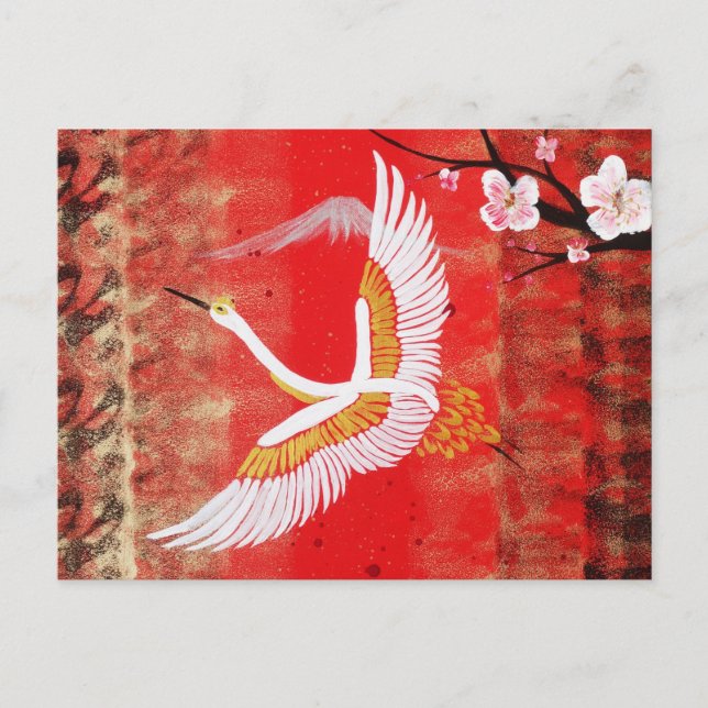 Carte Postale Japonaise grue soleil Japon sakura rouge (Devant)