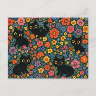 Carte Postale Jardin d'art Kawaii   Motif floral de chat noir mi