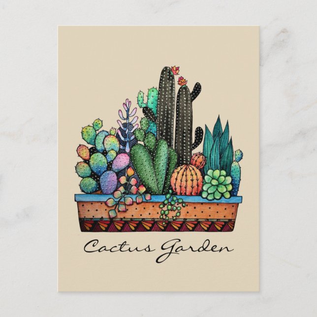 Carte Postale Jardin De Cactus À L'Aquarelle Cute Dans Un Beau P (Devant)