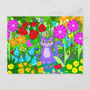 Carte Postale Jardin de chat Fleurs colorées Papillons Ladybugs