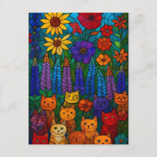 Carte Postale Jardin de chats Art de chat en vitrail avec des fl