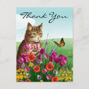 Carte Postale Jardin de fleurs printanières avec chat vintage Me