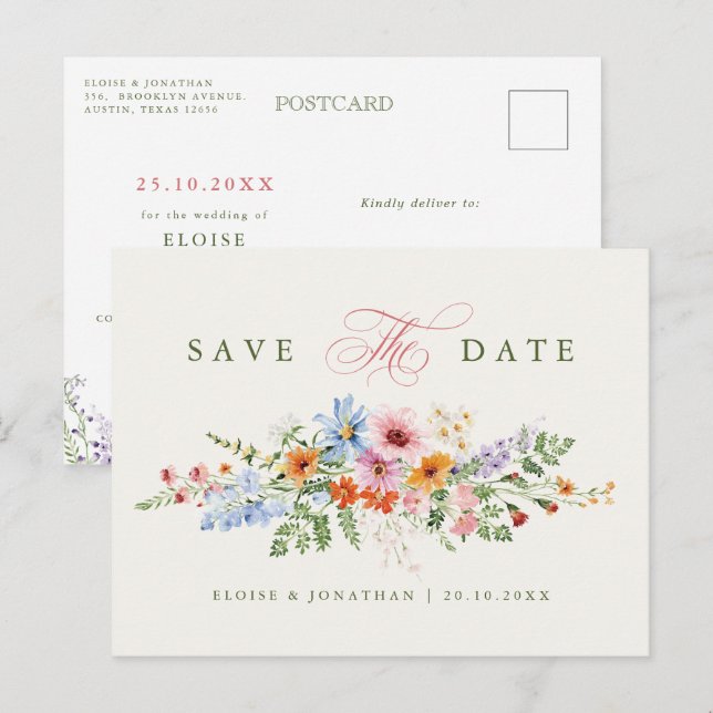 Carte Postale Jardin de prairie printanière de fleurs sauvages,  (Devant / Derrière)