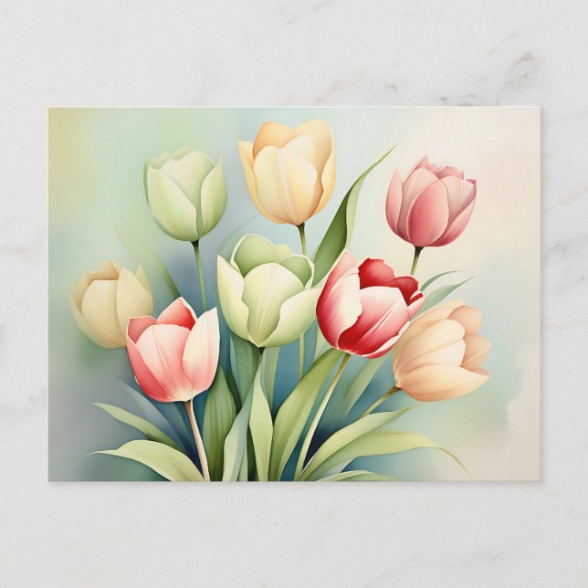 Carte Postale Jardin de tulipes aquarelle sur fond vert sauge (Devant)