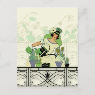 CARTE POSTALE JARDIN DES FENÊTRES, AMIE ART DÉCO : VERTS D'ÉTÉ