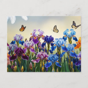 Carte Postale Jardin d'été avec Fleurs d'Iris et Papillons