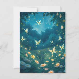 Carte Postale Jardin nocturne avec fleurs et lucioles