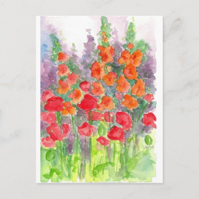 Carte Postale Jardin orange rouge d'aquarelle de fleur de (Devant)