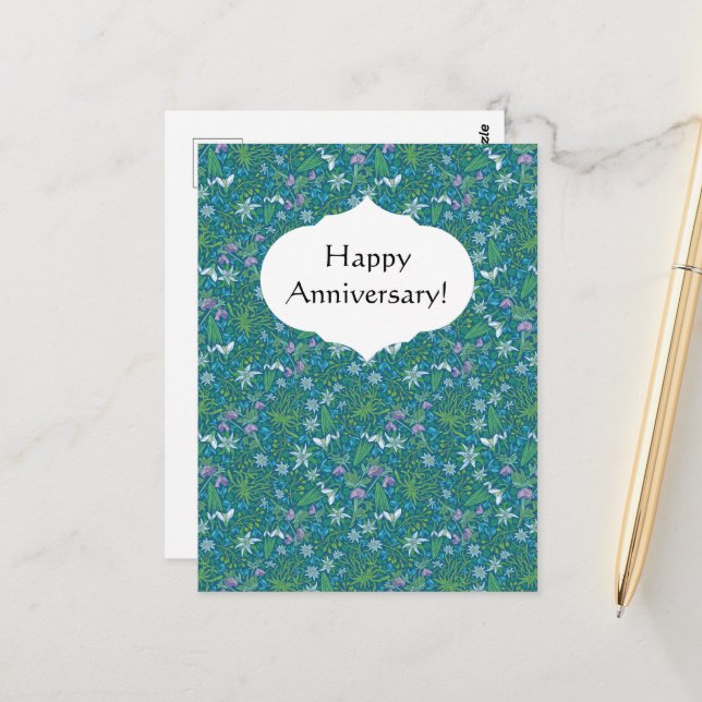 Carte Postale Jardin printanier Fête des mères Bleu Violet Blanc (Devant/Arrière en situation)