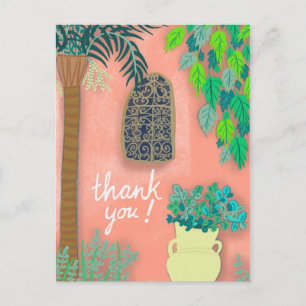Carte Postale Jardin rose mur arbre de palmier exotique MERCI