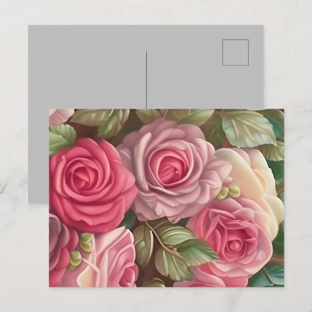 Carte Postale Jardin Rose victorien - Fleurs rose pastel (Devant / Derrière)