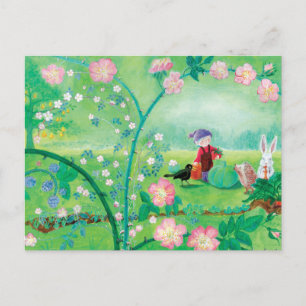 Carte Postale Jardin secret Gnome, Hérisson, oiseau noir et lapi