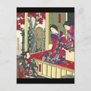 Carte Postale jardin zen automne érable kimono japonais geisha