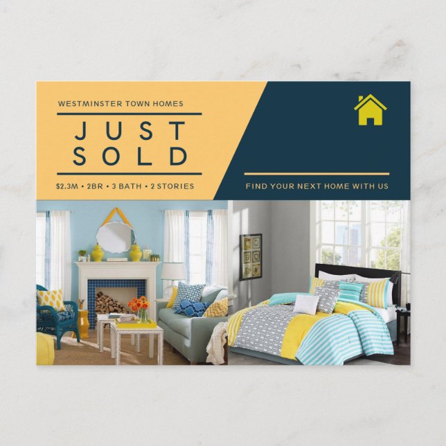Carte Postale Jaune bleu Juste vendu annonce immobilière modèle (Devant)