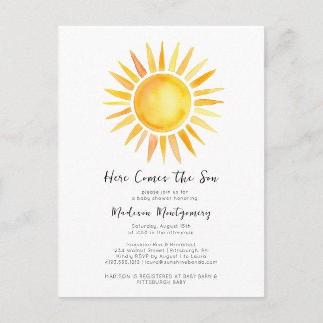 Carte Postale Jaune joyeux Voici le Baby shower du Fils (Devant)