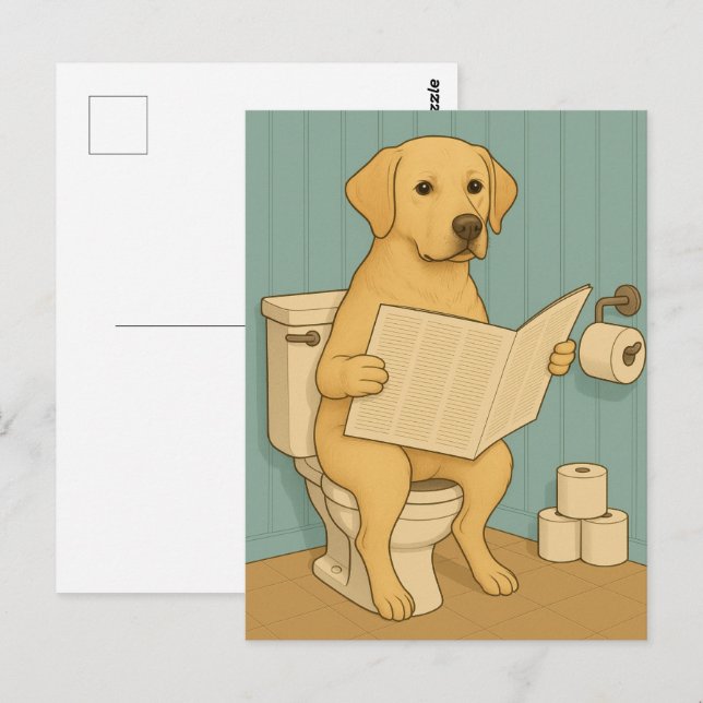 Carte Postale Jaune Labrador Lecture journal sur Toilet (Devant / Derrière)
