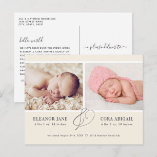 Carte Postale Jaune Simple Twins Photo Faire-part de naissance