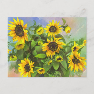 Carte Postale Jaune vif, Fleurs de soleil aquarelle