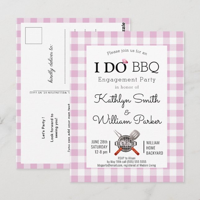 Carte Postale Je FAIS Fiançailles mignonne rose Plaid BBQ Invita (Devant / Derrière)