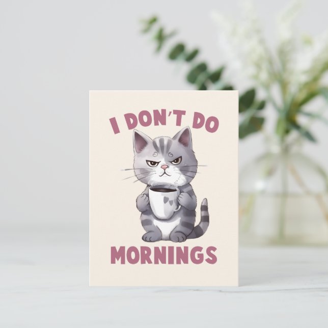 Carte Postale Je ne fais pas le matin - Chat gris avec café (Debout devant)