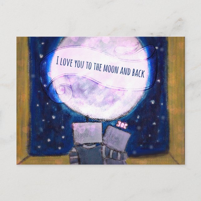 Carte Postale Je T'Aime Aux Robots Lune Et Arrière (Devant)