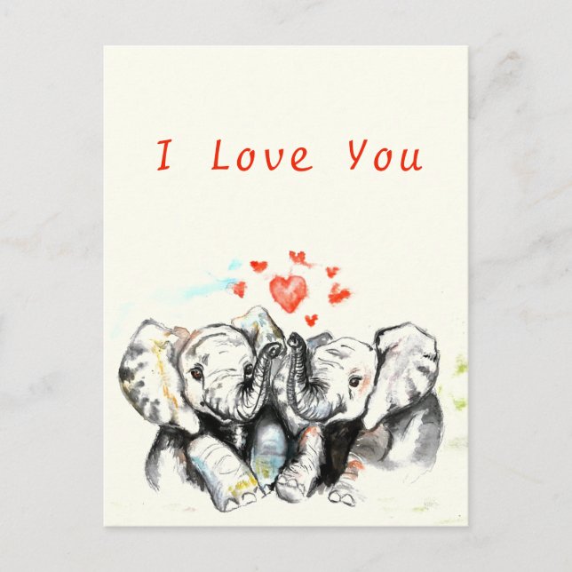 Carte Postale Je T'Aime Carter Romantique Couple Eléphant Peintu (Devant)