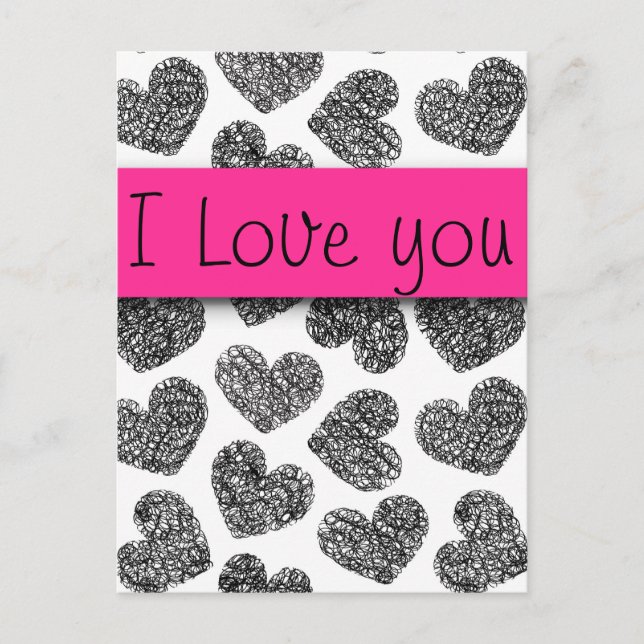 Carte Postale Je t'aime Coeurs de Doodle Noir et Blanc Modernes (Devant)