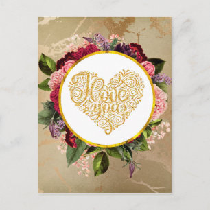 Carte Postale Je T'Aime Fancy Golden Ornate Heart