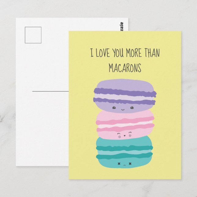 Carte Postale Je t'aime plus que Macarons Kawaii Pastel Cute (Devant / Derrière)
