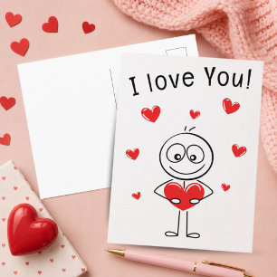 Carte Postale Je t'aime Stick Figure Cœurs Mignons