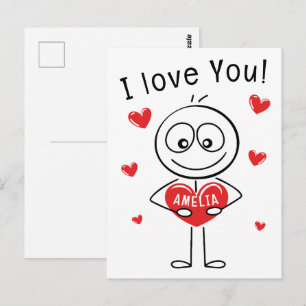 Carte Postale Je t'aime Stick Figure Cœurs Mignons Nom