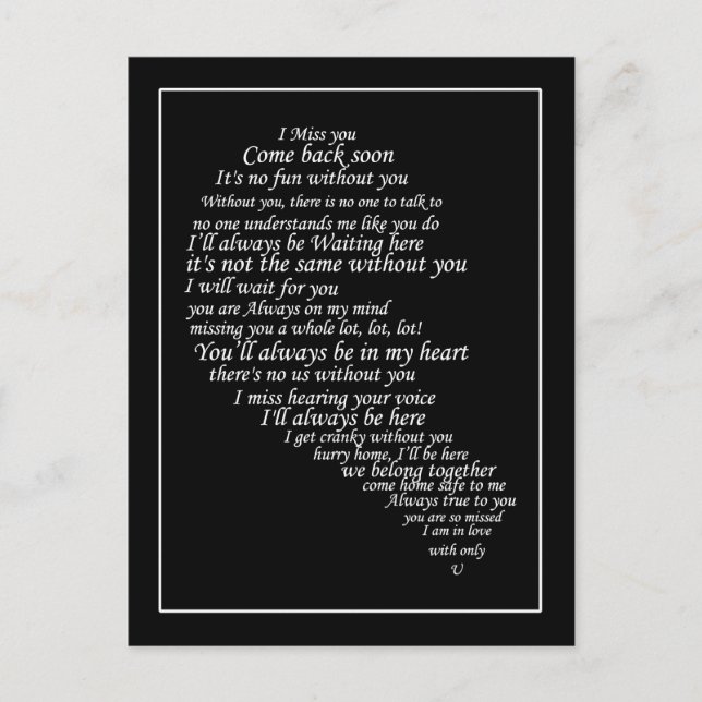 Carte Postale Je te manque du texte en demi-coeur (Devant)