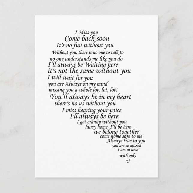 Carte Postale Je te manque du texte en demi-coeur (Devant)