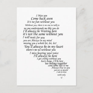 Carte Postale Je te manque du texte en demi-coeur