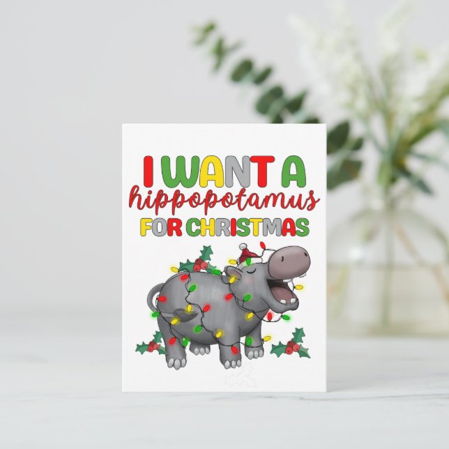 Carte Postale Je Veux Un Hippopotame Pour Noël Funny Retro (Debout devant)