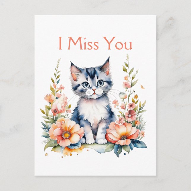 Carte Postale Je Vous Manque | Kitten gris en fleurs roses (Devant)