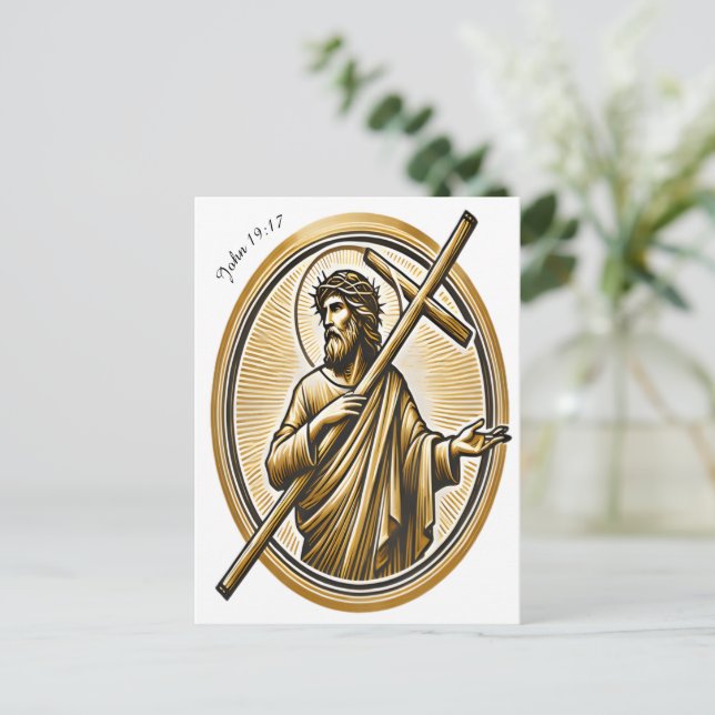 Carte Postale Jésus levant Croix d'or avec amour (Debout devant)