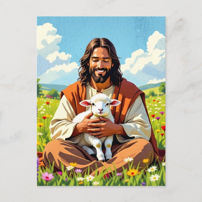 Carte Postale Jésus tenant un agneau | Pâques religieuses (Devant)
