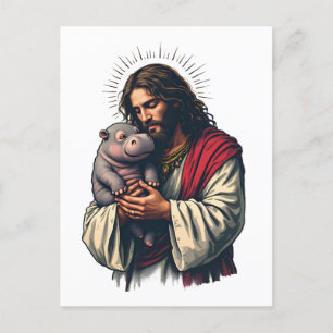 Carte Postale Jésus tenant un bébé Moo Deng Hippo