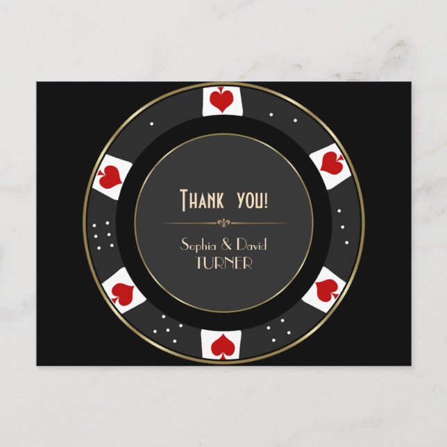 Carte Postale Jeton de poker élégant en or Mariage Merci (Devant)