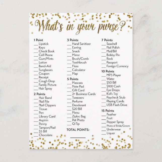 Carte Postale Jeu de contenu de sac à main Confetti Pailleté Or (Devant)