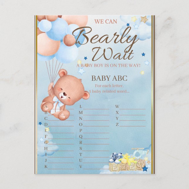 Carte Postale Jeu pour une fête prénatale pour un bébé ours garç (Devant)